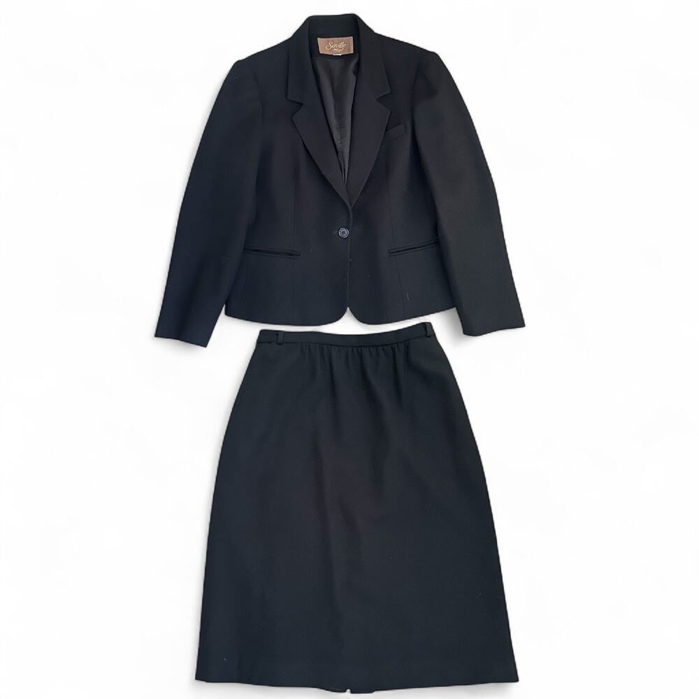 Vtg Saville 100 Pure Wool Black Skirt Suit 14 Corpcore Pencil Skirt Set